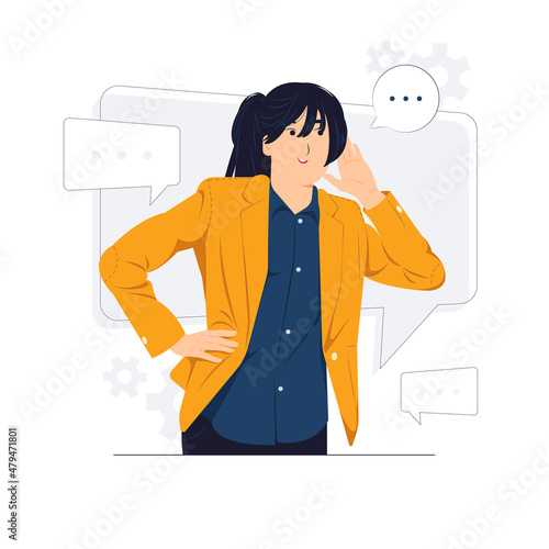 Business woman wearing suit holding hand near ear while listening, hearing, whispering, curiosity, gossip, deafness, and pay attention concept illustration