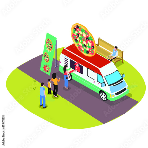 Pizza food truck on park isometric 3d vector concept for banner, website, illustration, landing page, flyer, etc.