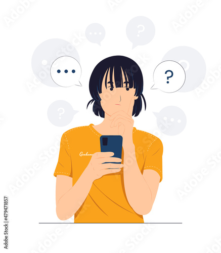 Girl feeling confused while holding a smart phone with questioned, thinking, and confused with question mark looking up with thoughtful focused expression concept illustration