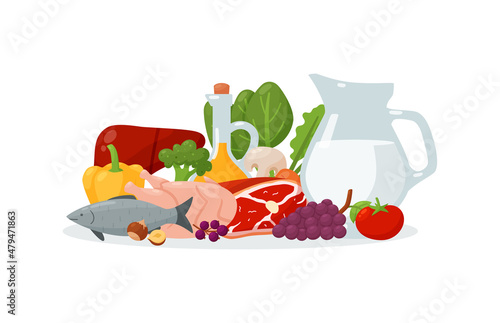 Healthy nutrition consisting of vegetables, meat and fish protein and dairy, still life vector illustration.