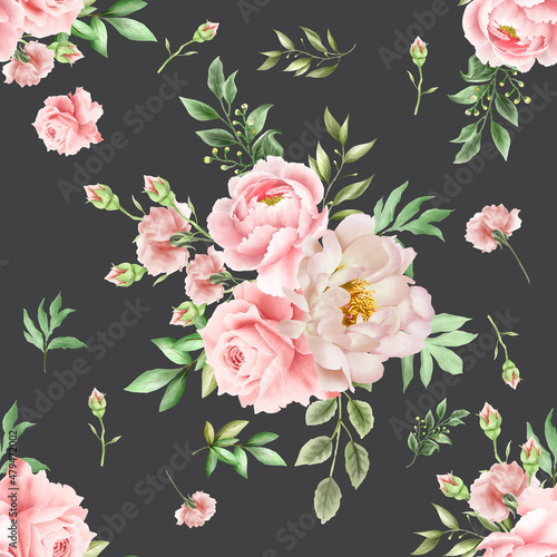 Seamless pattern with elegant flowers and leaves watercolor