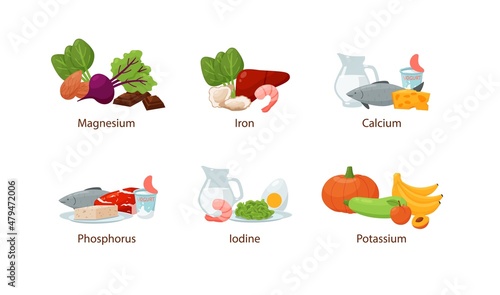 Food enriched in vitamins and minerals magnesium, iron, calcium and potassium. Vitamin food nutrition cartoon vector set