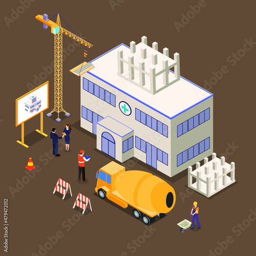Hospital site construction isometric 3d vector concept for banner, website, illustration, landing page, flyer, etc.