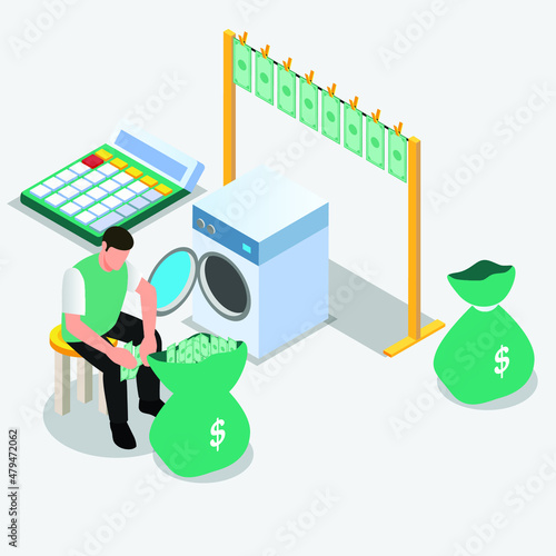 Man doing money laundry isometric 3d vector concept for banner, website, illustration, landing page, flyer, etc.