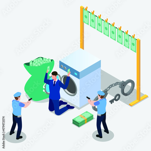 Police officers arrest money laundry crime isometric 3d vector concept for banner, website, illustration, landing page, flyer, etc.
