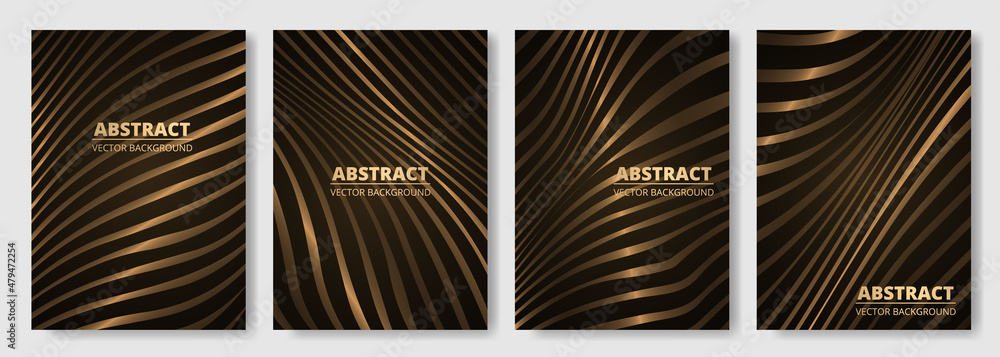 Elegant luxury black and gold modern cover design set for flyer layout, brochure, magazine cover. Vector luxury backgrounds collection with abstract wavy lines pattern in black and gold color