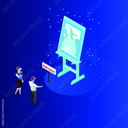 Shopping for a painting in metaverse isometric 3d vector concept for banner, website, illustration, landing page, flyer, etc.
