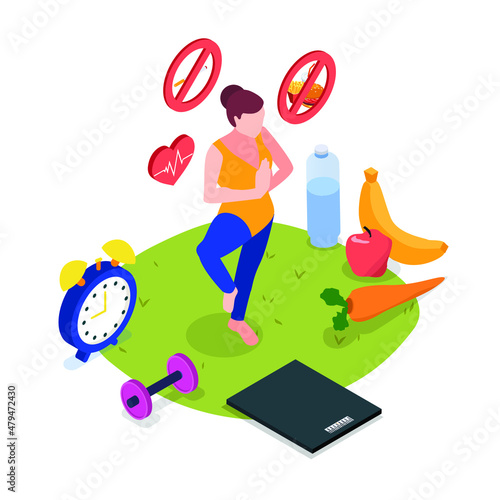 Woman meditation with healthy food lifestyle concept isometric 3d vector concept for banner, website, illustration, landing page, flyer, etc.