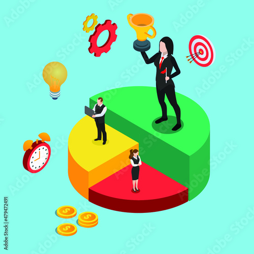 Businesswoman with trophy standing on a pie chart. Market leader isometric 3d vector concept for banner, website, illustration, landing page, flyer, etc.
