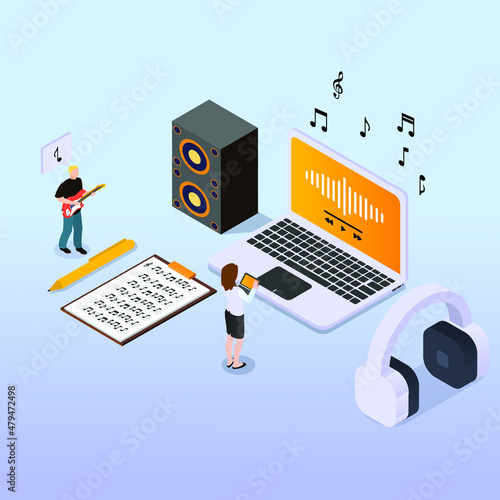 Sound designers and audio engineers mixing, creating and recording music isometric 3d vector concept for banner, website, illustration, landing page, flyer, etc.
