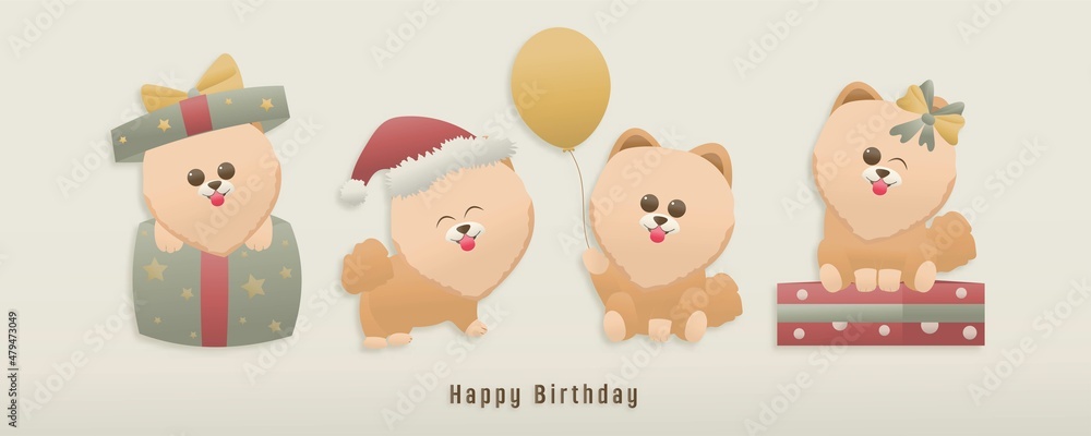 Birthday card, 4 dog characters brown, birthday celebration theme. dog sitting in a gift box, a dog holding a balloon, happy smiling dog, paper and papercraft style vector illustration Birthday card, 4 dog characters brown, birthday celebration theme. dog sitting in a gift box, a dog holding a balloon, happy smiling dog, paper and papercraft style vector illustration