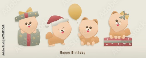 Birthday card, 4 dog characters brown, birthday celebration theme. dog sitting in a gift box, a dog holding a balloon, happy smiling dog, paper and papercraft style vector illustration