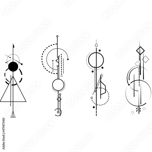 Vector set of Sacred symbols arrows, moon and eye on black grunge background. Gold abstract mystic signs collection drawn in lines. For you design and magic craft. a minimalist geometric design