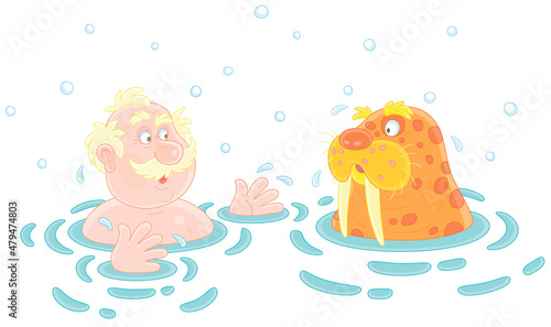 Funny sportsman winter-swimmer together with a big mustached walrus in cold water of an ice-hole, vector cartoon illustration isolated on a white background
