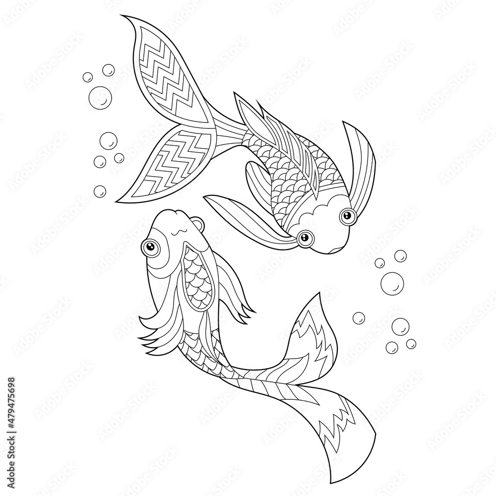 Naklejka premium Contour linear illustration. Two fishes for coloring book. Cute objects, anti stress picture. Line art design for adult or kids in zentangle style and coloring page.