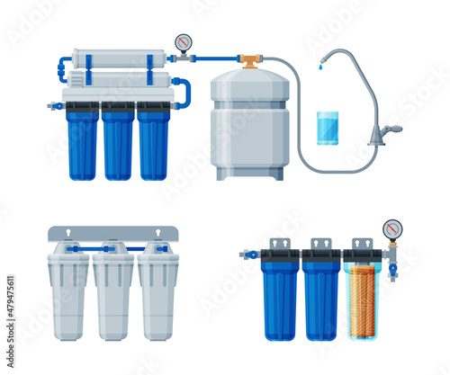 Water Filter with Fine Physical Barrier for Lowering Contamination of Drinking Water Vector Set