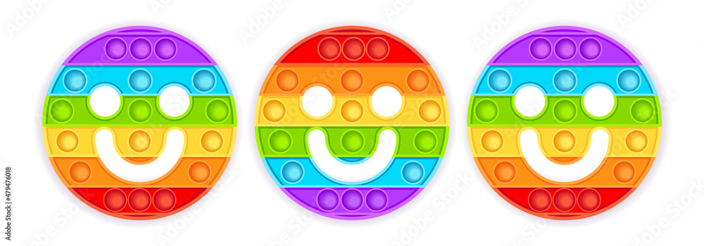 Emoji smile face . Rainbow popular popit toy shaped as an emoticon.  Pop it sensory vector toy. Bubble pop it fidget vector. Popit fidget toy.