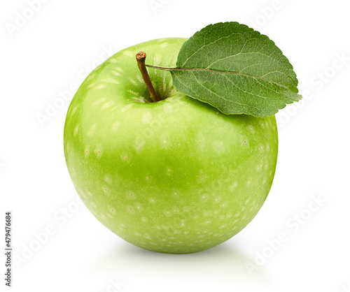 one green apple with leaf on white isolated background