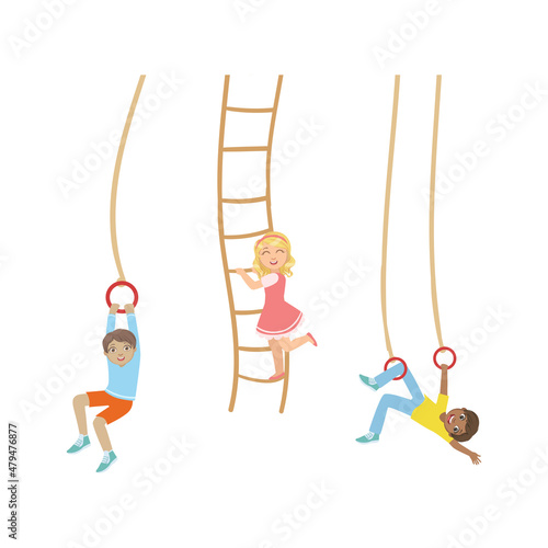 Little Kids Hanging on Rope Ladder and Ring Swinging Vector Set