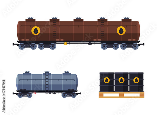 Tank with Oil or Petroleum for Transporting Chemical Liquid Resource and Barrel on Palet Vector Set