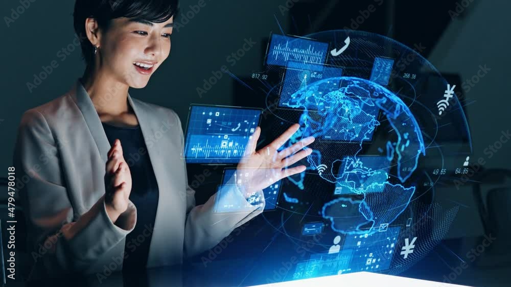 Asian woman watching hologram. Global network. Asian woman watching hologram. Global network.