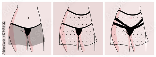 Abstract minimalistic female figure in panties with transparent skirt. Silhouette of the legs, hips and waist of a woman. Set of images of the female body in underwear. Vector illustration. 