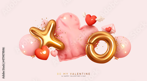 Happy Valentine's Day. Romantic creative composition. Vector Realistic 3d festive decorative objects, heart shaped balloons and XO Xo symbol whole hug, falling letter envelope, glitter gold confetti