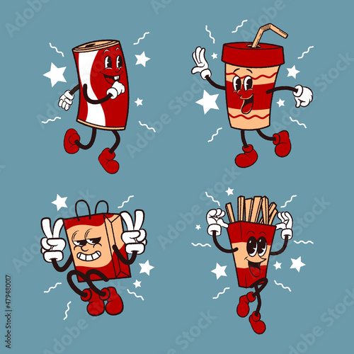 Vector illustration trendy junk food cartoon character with various facial expression. Retro vintage mascot cartoon logo.