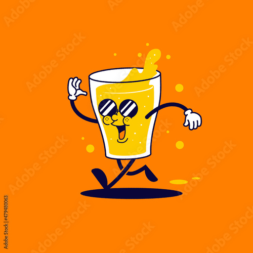 Vector illustration running trendy glass full of beer cartoon character. Retro vintage mascot cartoon logo.