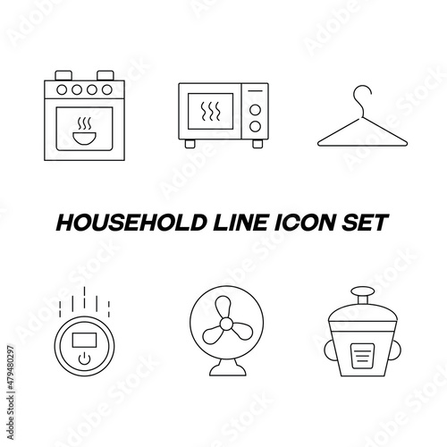 Household and daily routine concept. Collection of modern outline monochrome icons in flat style. Line icon set of bowl in oven, microwave oven, hanger, robot vacuum cleaner, ventilator, multicooker