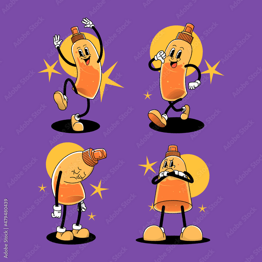 Vector illustration trendy cosmetic spray cartoon character with various facial expression. Retro vintage mascot cartoon logo. Vector illustration trendy cosmetic spray cartoon character with various facial expression. Retro vintage mascot cartoon logo.