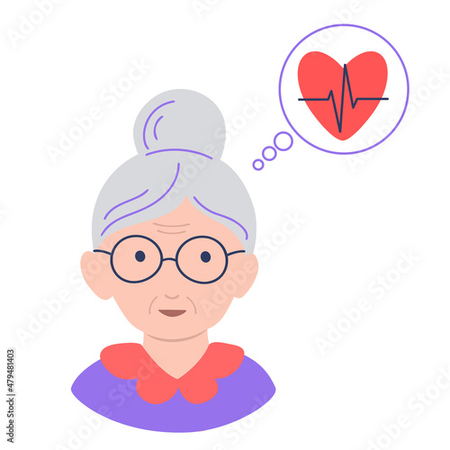 An elderly woman in glasses thinks about heart health. Prevention of heart disease for old people. Grandmother and heart with heartbeat line. Isolated on a white background. Vector flat illustration. photo