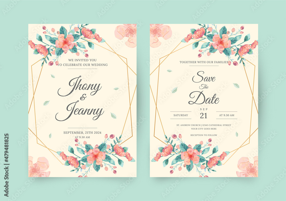 Elegant floral watercolor wedding invitation and menu template collection. Watercolor flower invitation card template. 