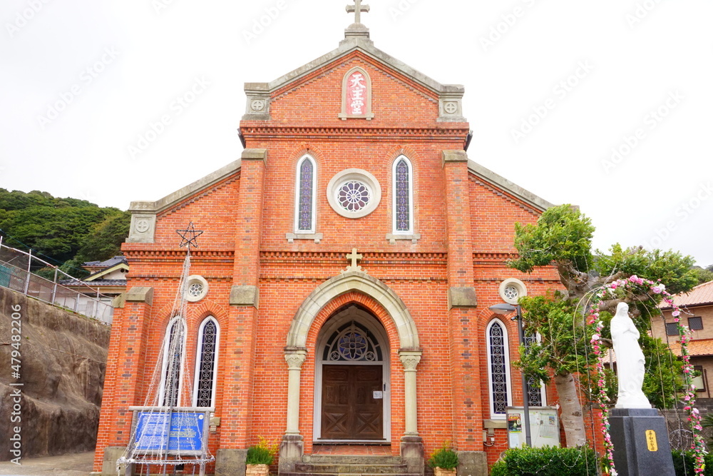Fototapeta premium Red Bick Church, Aosagaura Church, World Heritage in Kami-Goto island, Nagasaki, Japan- 日本 長崎 新上五島 カトリック 青砂ヶ浦教会