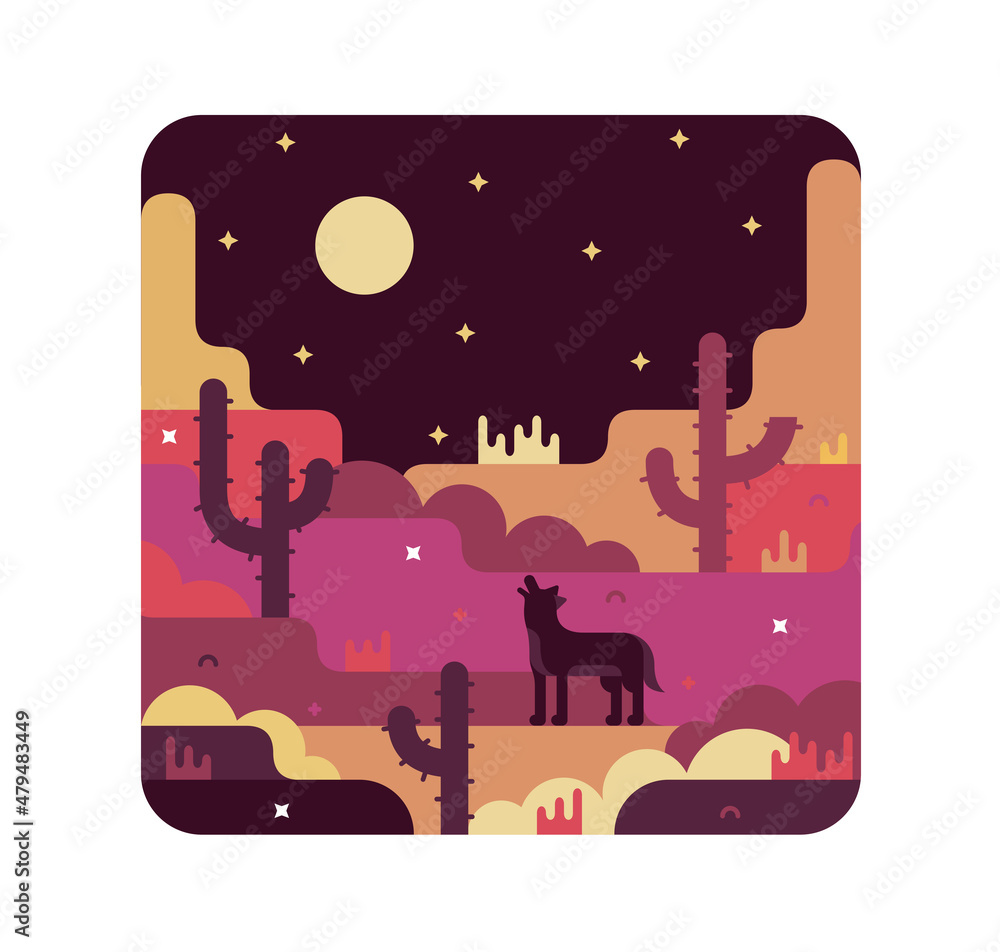 Obraz premium Desert at night, wolf howling at the moon, cactus, rocks. Vector flat cartoon Illustration