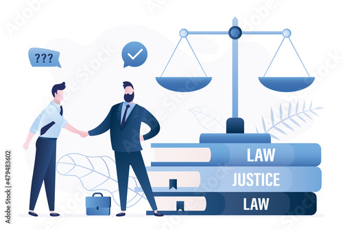 Client shakes hands with lawyer. Law and justice, banner concept. Legal services. Law books and big scales in balance. Advocate consultation. Judicial system, Jurisprudence.