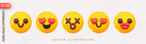 Set Icon Smile Emoji. Realistic Yellow Glossy 3d Emotions Happy face, love eyes from hearts. Vector illustration