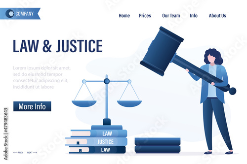 Law and justice, landing page template. Woman judge holds big gavel. Law books and scales in balance. Judicial system, Jurisprudence. Judge makes verdict, court decision.