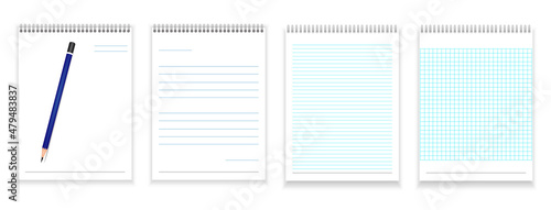 realistic blank white notebook with pencil on 

it, clean notebook pages vector illustration 

set empty white sheets.
