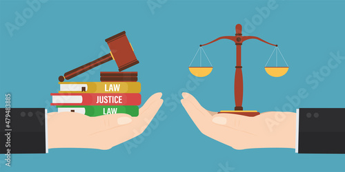 Law and justice, concept. Horizontal banner. Big hands of lawyer or notary holds hammer, law books, scale in balance. Judge with symbols of fair judicial system, close up view.
