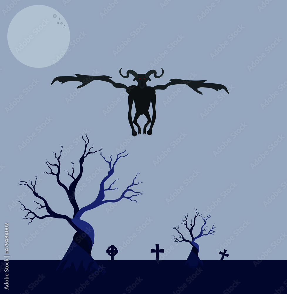 retro poster of demon flying over graveyard