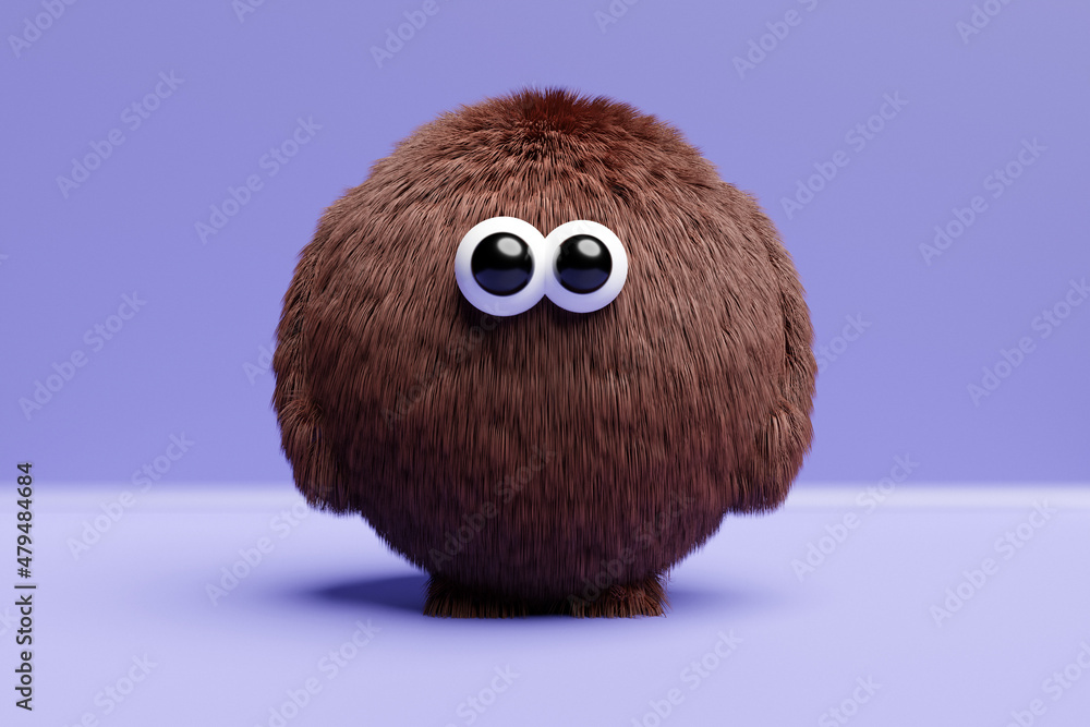 3D illustration of a funny furry brown monster with eyes on a purple isolated background. Funny emoticon monster for child's design
