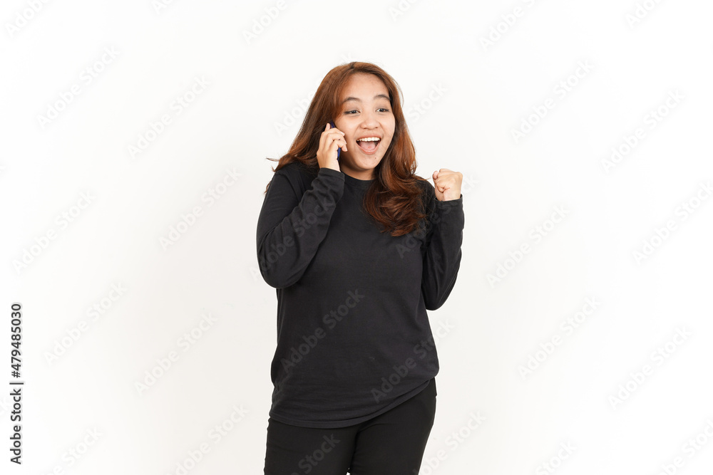 Talking or make call on Smartphone Of Beautiful Asian Woman Wearing Black Shirt Isolated On White Talking or make call on Smartphone Of Beautiful Asian Woman Wearing Black Shirt Isolated On White