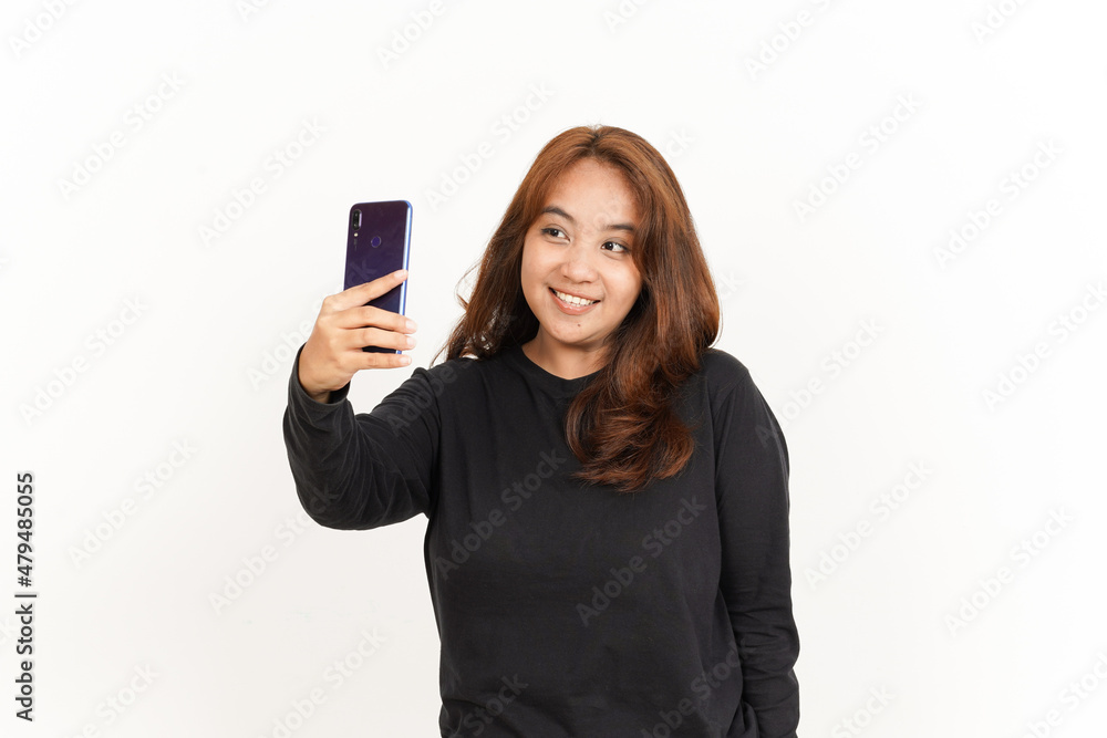 Take a Selfie using Smartphone Of Beautiful Asian Woman Wearing Black Shirt Isolated On White Take a Selfie using Smartphone Of Beautiful Asian Woman Wearing Black Shirt Isolated On White