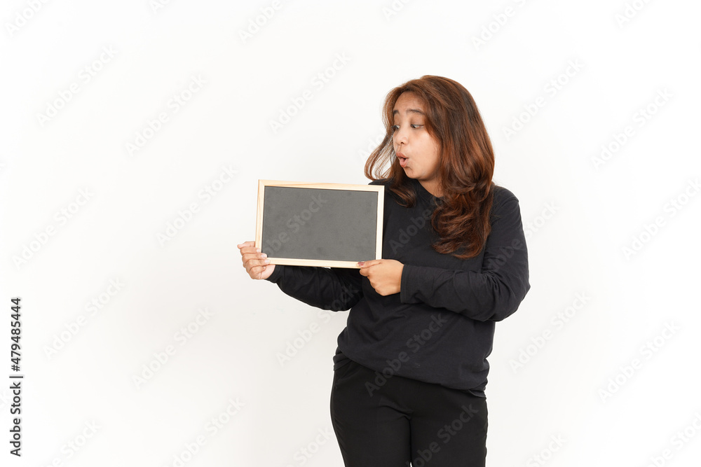 Showing, Presenting and holding Blank Blackboard Of Beautiful Asian Woman Wearing Black Shirt Showing, Presenting and holding Blank Blackboard Of Beautiful Asian Woman Wearing Black Shirt