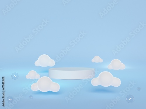 Abstract cloudy background with cylinder podium, Geometry stand for kids or baby products. 3D render.