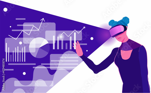 Young woman in VR headset exploring digital interface and working with infographic. Concept of virtual or augmented reality, interactive experience. Modern flat vector illustration.