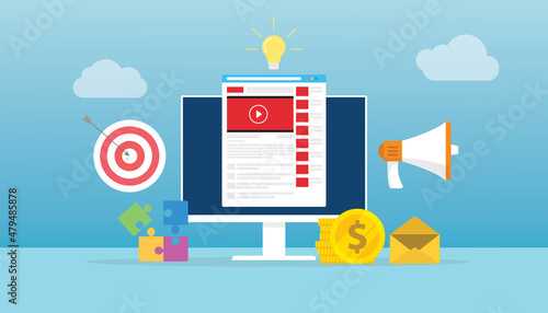 video marketing concept with goals and target and budget and idea with modern flat style
