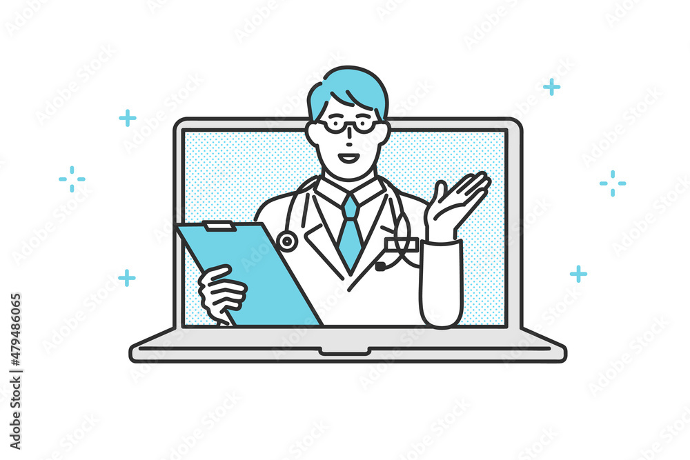 ノートパソコンで医療相談・診療サービスを利用するイメージイラスト素材