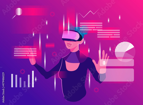 Woman in VR headset exploring digital interface and working with data. Concept of virtual or augmented reality, interactive experience. Modern flat vector illustration.